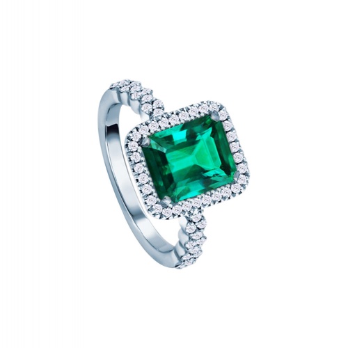 EMERALD HALO PAVE WHITE GOLD RING