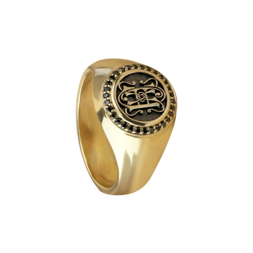 MENS BLACK DIAMOND PERSONALISED YELLOW GOLD RING